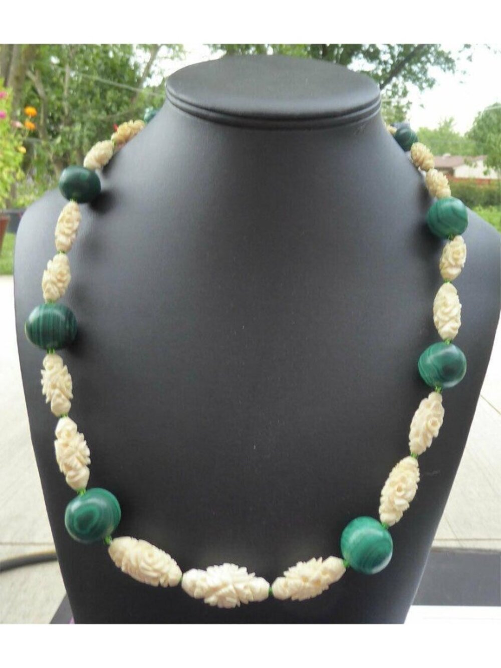 Vintage 24" Natural Malachite & Hand-Carved Floral Bead Statement Necklace